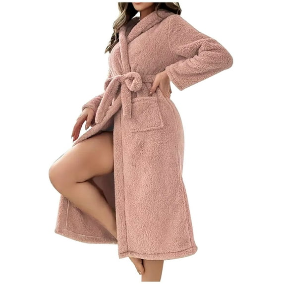 SHTXOZHI Women Hooded Plush Robes Winter Warm Fuzzy Spa Robes Belted Soft Bathrobe with Pockets