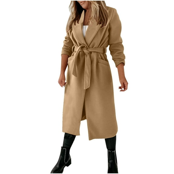 SHTXOZHI Women Long Trench Coat Windproof Long Sleeve Lapel Belted Overcoat Fall Winter Jacket with Pockets