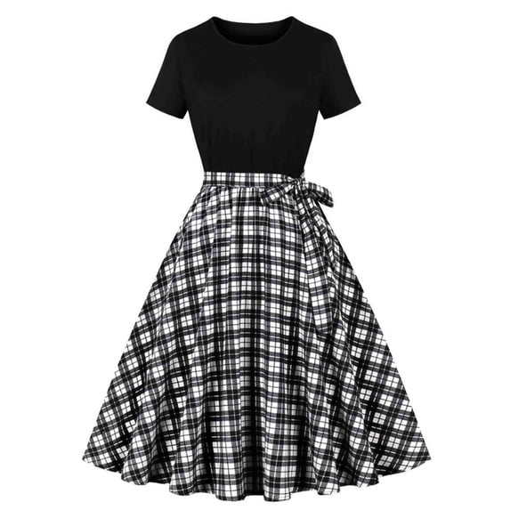 SHTXOZHI Women Short Sleeve Vintage Party Formal Dress A-Line Ruffle Crewneck Print Dress