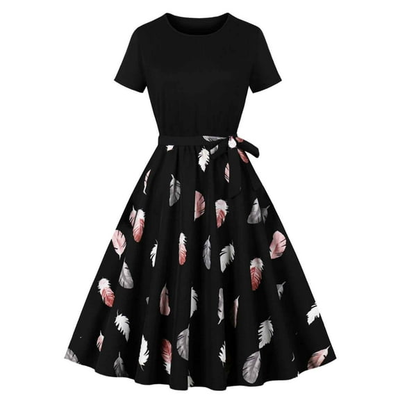 SHTXOZHI Women Short Sleeve Vintage Party Formal Dress A-Line Ruffle Crewneck Print Dress