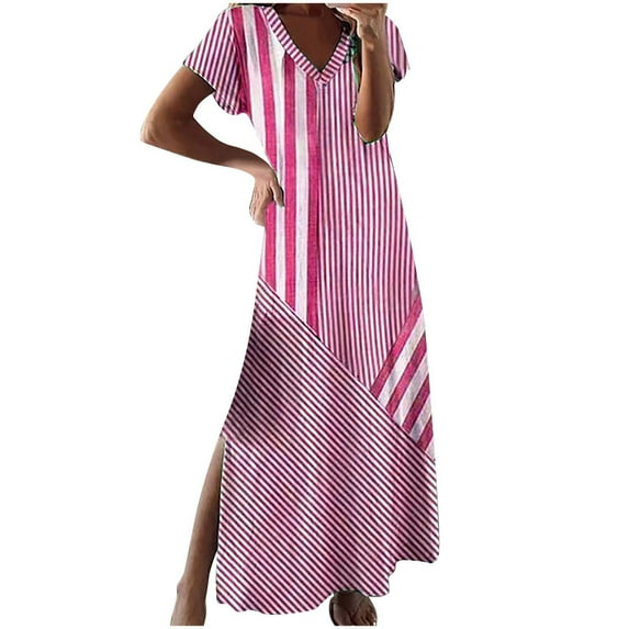 SHTXOZHI Women Striped Short Sleeve Maxi Dress with Slit Color Block Casual Loose Summer Dress