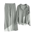 thumbnail image 1 of SHTXOZHI Women's 2 Piece Outfits Cotton Linen Long Sleeve Button Down Shirts Wide Leg Pants Set, 1 of 5