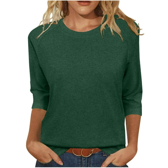 SHTXOZHI Women's 3/4 Length Sleeve T-Shirts Casual Crewneck Solid Color Shirts Summer Spring Tops