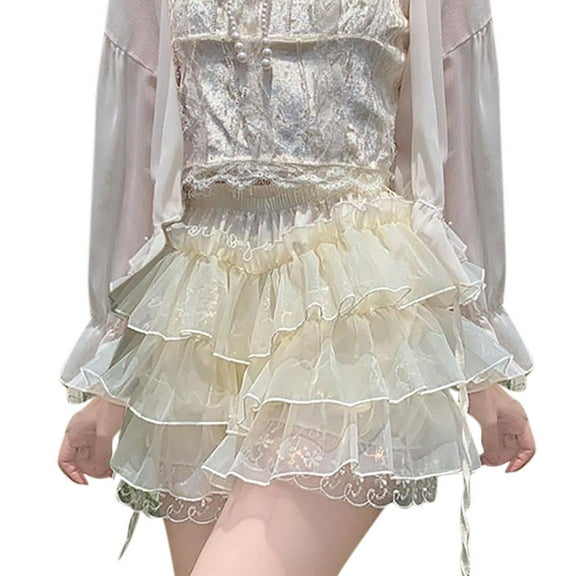 SHTXOZHI Women's A Line Layered Mini Skirt Ruffle Lace Trim Short Skirts Smocked Pleated Skirt
