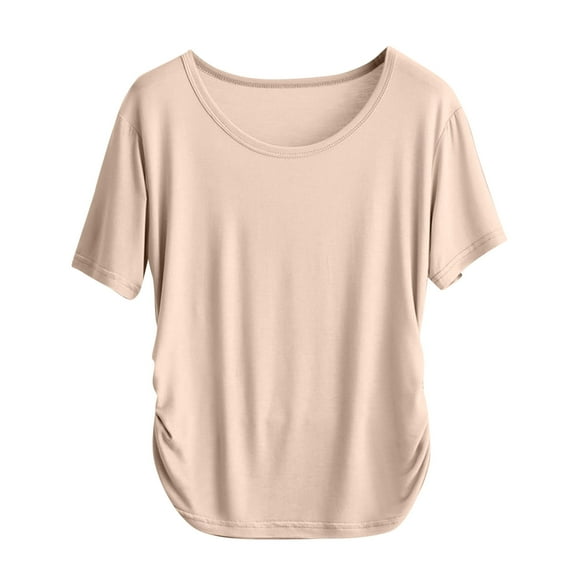 SHTXOZHI Women's Basic Tees Summer Short Sleeve Ruched Shirts Crewneck Solid Color Casual Tops