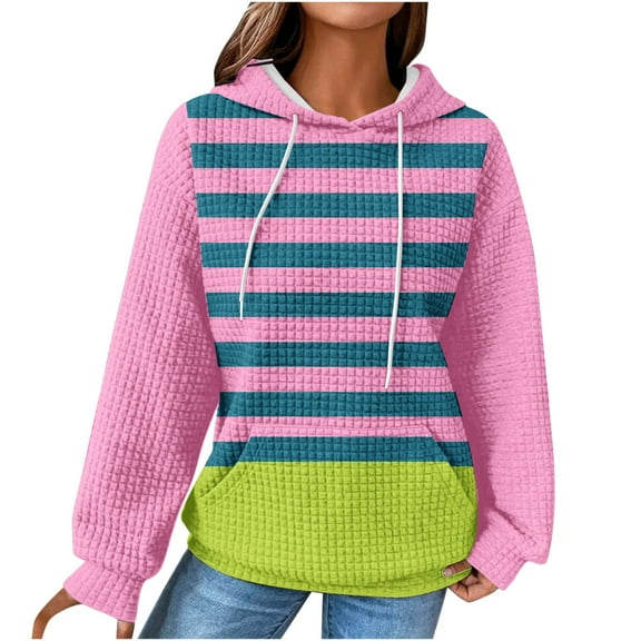 SHTXOZHI Women's Casual Fall Sweatshirts Drawstring Long Sleeve Shirt Color Block Pullover Tops with Pockets