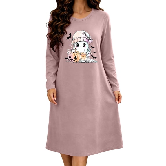 SHTXOZHI Women's Cute Print Halloween Nightgown Comfortable Loose Long Sleeve Sleep Dress Soft Plus Size Sleepshirt