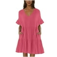 thumbnail image 1 of SHTXOZHI Women's Dresses Summer Short Sleeve V Neck A-Line Tiered Casual Dress with Pockets, 1 of 7