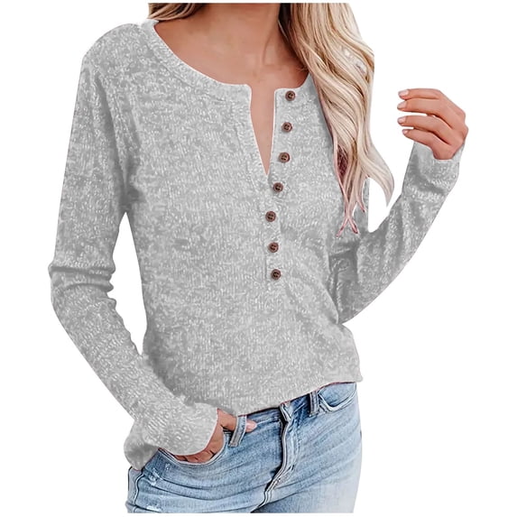 SHTXOZHI Women's Fall Long Sleeve Tops Button Down Casual Knit Shirts Solid Color Basic Blouse
