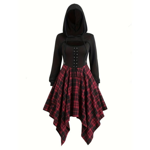 SHTXOZHI Women's Gothic Dress Hoodie Renaissance Medieval Cosplay Asymmetrical Plaid Dresses