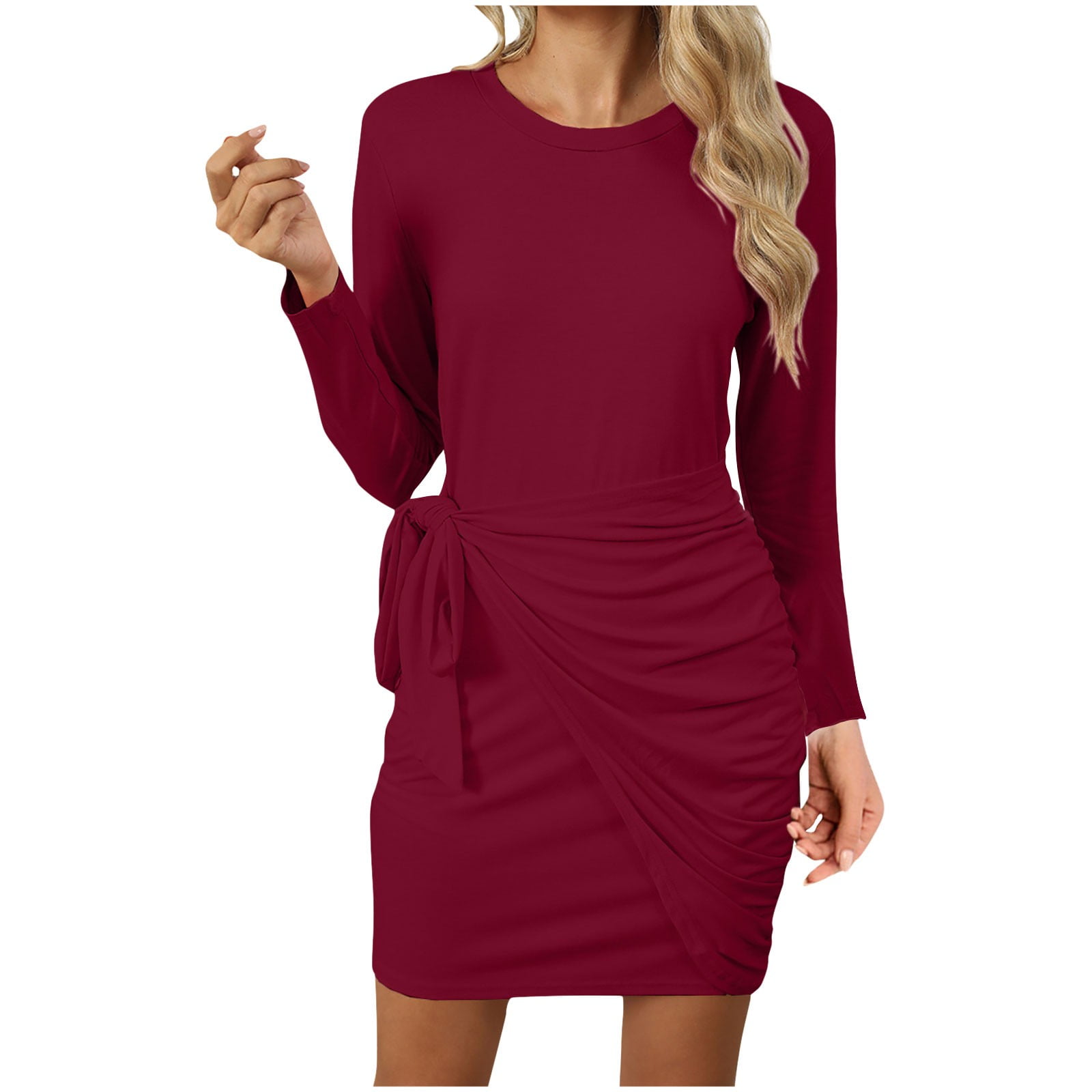 SHTXOZHI Women's Knot Mini Dress Long Sleeve Crewneck Ruched Dress 2024