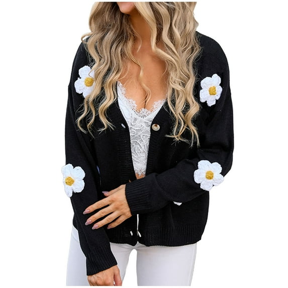 SHTXOZHI Women's Long Sleeve Button Down Sweater Cardigan Cute Embroidery Knit Cardigan Fall Outfit