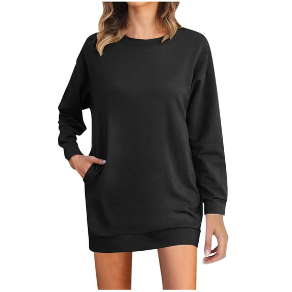 SHTXOZHI Women's Long Sleeve Crewneck Sweatshirt Dress Casual Solid Color Mini Dresses with Pockets