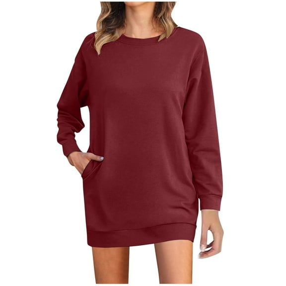 SHTXOZHI Women's Long Sleeve Crewneck Sweatshirt Dress Casual Solid Color Mini Dresses with Pockets