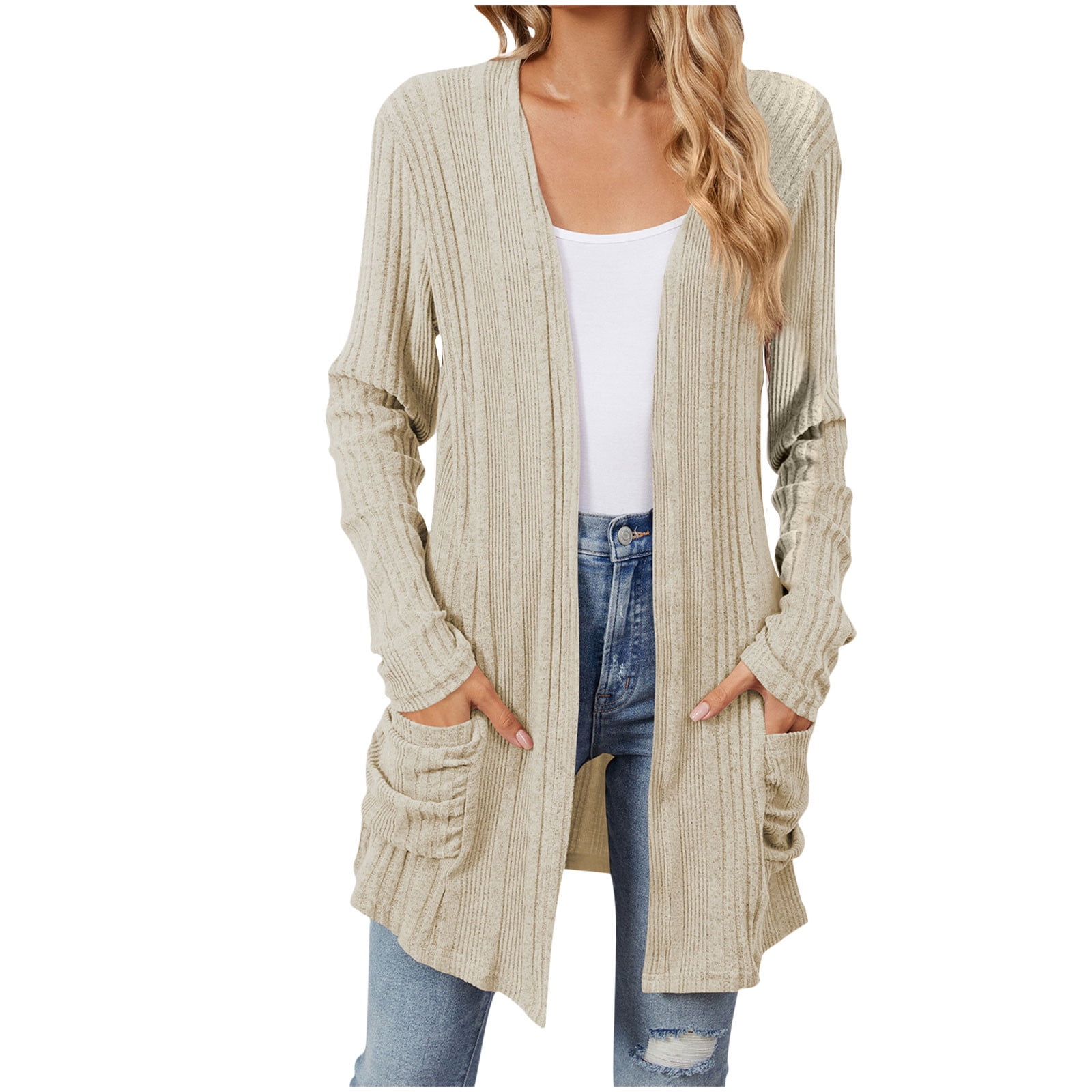 Ribbed Open Front Hooded Cardigan with Pockets