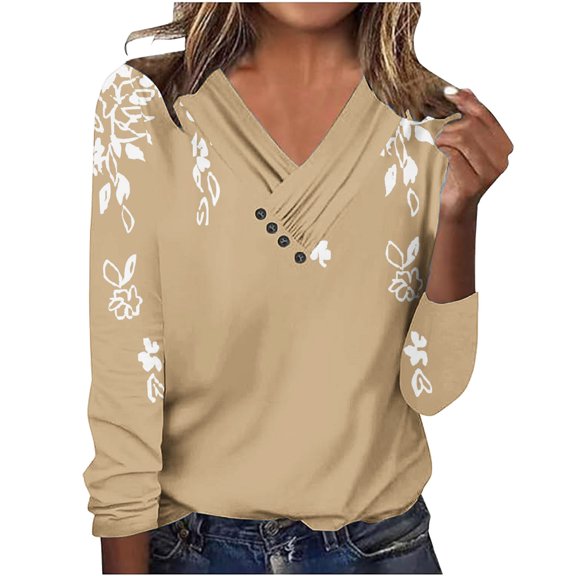 SHTXOZHI Women's Long Sleeve Shirts Ruffle V Neck Print Blouse Tops Casual Fall Outfit