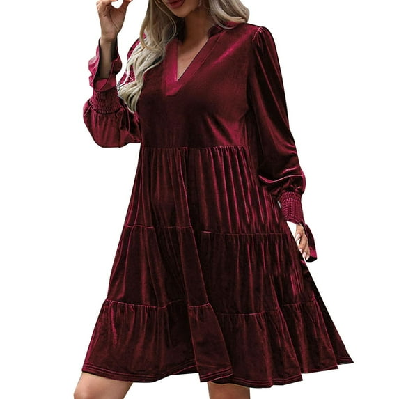 SHTXOZHI Women's Long Sleeve Velvet Mini Dress V Neck A-Line Ruffle Tiered Party Dresses