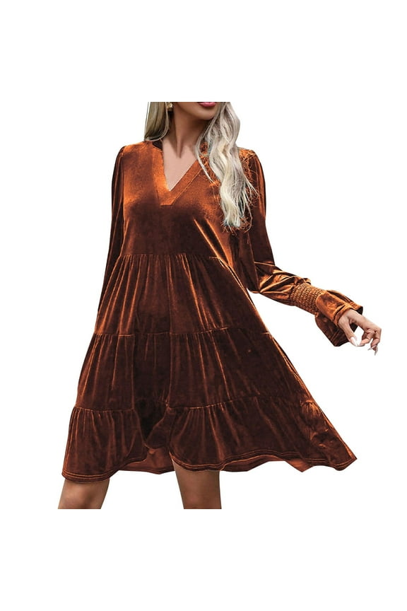 Women's Long Sleeve Velvet Mini Dress V Neck A-Line Ruffle Tiered Party Dresses