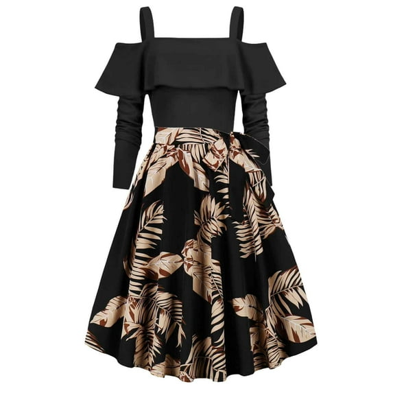 SHTXOZHI Women's Off The Shoulder A-Line Vintage Party Dress Long Sleeve Ruffle Printed Cocktail Dress