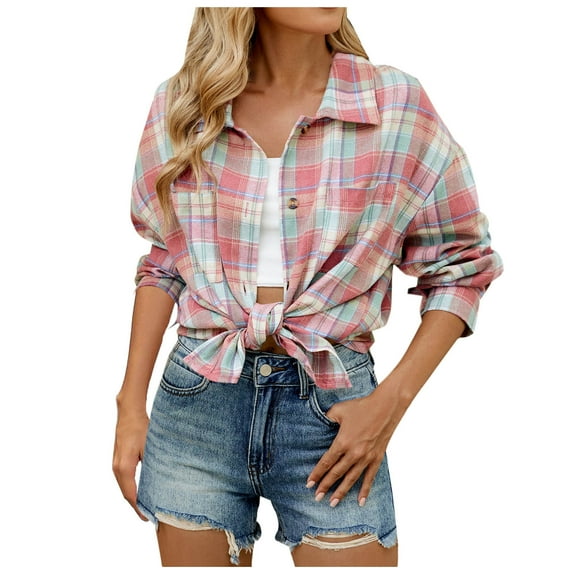 SHTXOZHI Women's Plaid Shirt Jackets Jackets Flannel Lapel Button Down Shackets Casual Fall Winter Coat