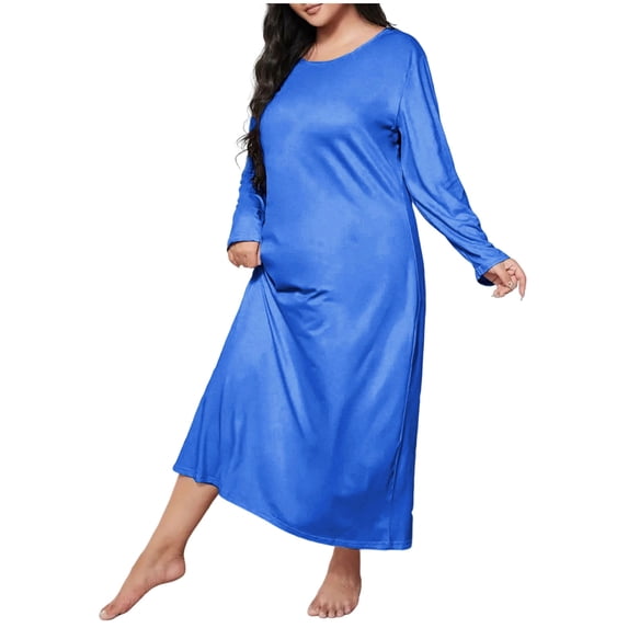 SHTXOZHI Women's Plus Size Long Sleeve Nightgown Long Length Crew Neck Loose Sleepwear Lighweight Solid Color Sleep Dress