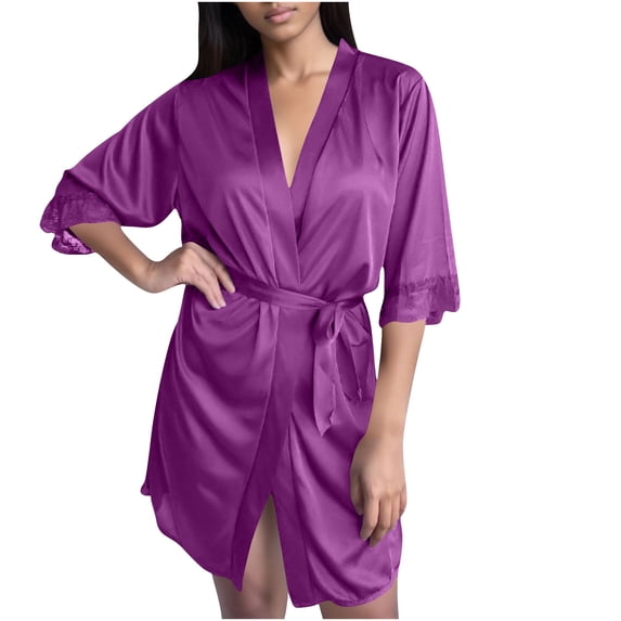 SHTXOZHI Women's Short Bathrobe 3/4 Lace Trimmed Sleeve Sleepwear Solid Color Loungewear Satin Robes with Belt