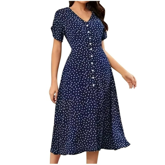 SHTXOZHI Women's Short Sleeve V Neck A-Line Print Dress Button Summer Midi Dress with Slit