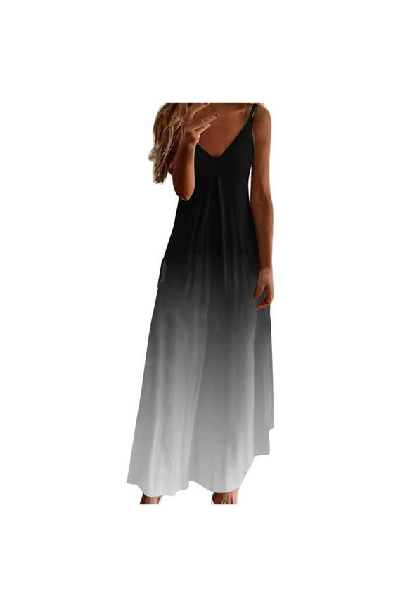 Women's Sleeveless V Neck Summer Maxi Dress Spaghetti Strap A-Line Loose Beach Sundress