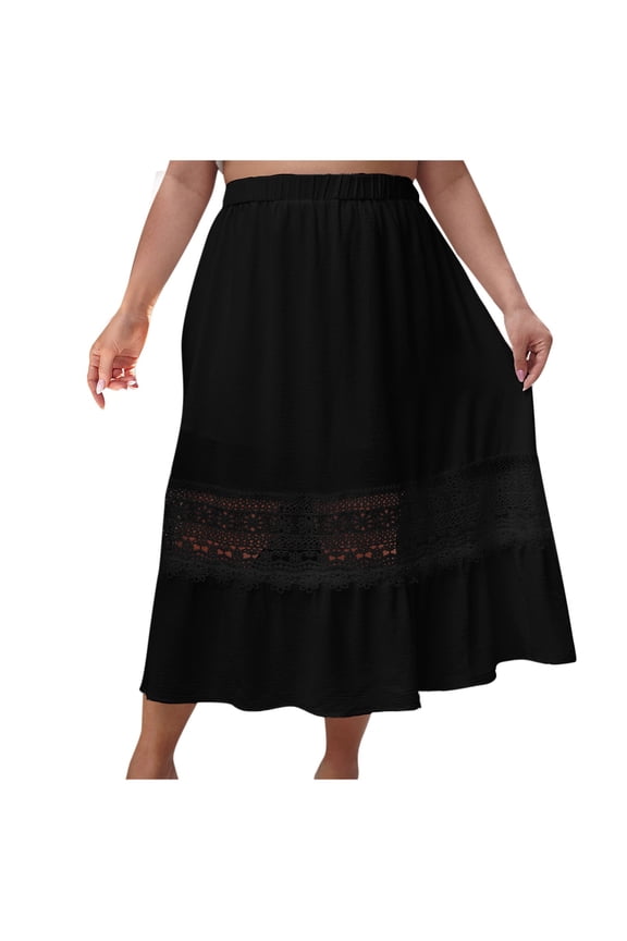 Women's Summer Boho Elastic Waist Tiered Maxi Skirt Flowy Hollow Out A-Line Beach Skirts