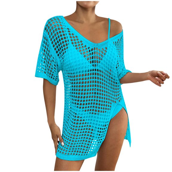 SHTXOZHI Women's Swimsuit Coverup Crochet Knit Short/Long Sleeve Hollow Out Beach Bikini Cover Up