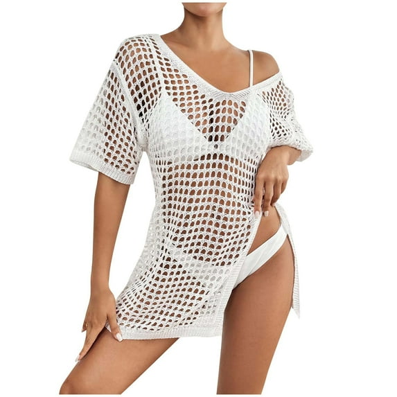 SHTXOZHI Women's Swimsuit Coverup Crochet Knit Short/Long Sleeve Hollow Out Beach Bikini Cover Up