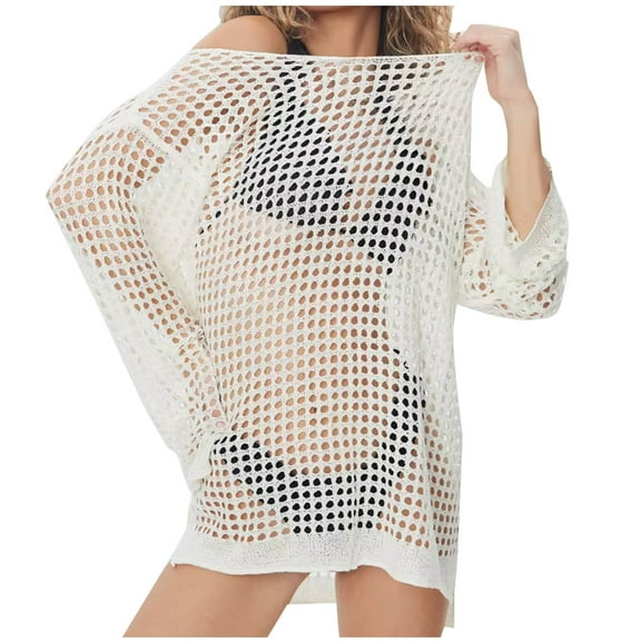 SHTXOZHI Women's Swimsuit Coverup Crochet Knit Short/Long Sleeve Hollow Out Beach Bikini Cover Up