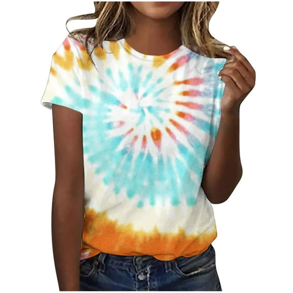 SHTXOZHI Women's Tie-Dye T Shirts Trendy Summer Short Sleeve Crewneck Casual Tee Tops