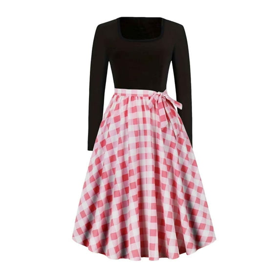 SHTXOZHI Women's Vintage Cocktail Party Dress Long Sleeve Square Neck A-Line Print Dress with Belt