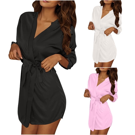 SHTXOZHI Womens 3 Piece Robes Solid Color Short Bathrobe 3/4 Sleeve Satin Sleepwear Basic Loungewear with Belt