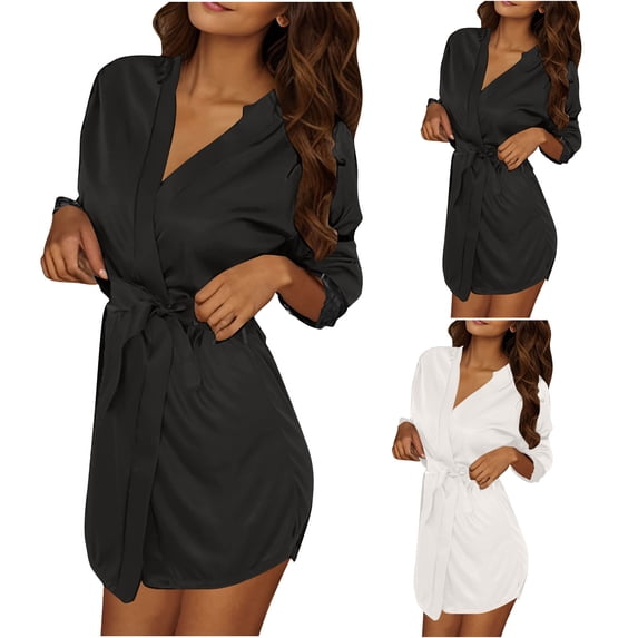 SHTXOZHI Womens 3 Piece Robes Solid Color Short Bathrobe 3/4 Sleeve Satin Sleepwear Basic Loungewear with Belt
