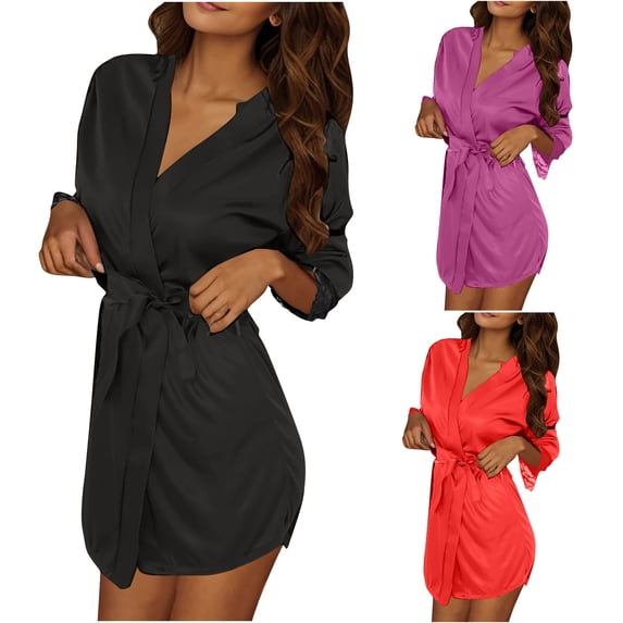 SHTXOZHI Womens 3 Piece Robes Solid Color Short Bathrobe 3/4 Sleeve Satin Sleepwear Basic Loungewear with Belt