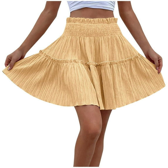 SHTXOZHI Womens A Line Ruffle Elastic Waist Tiered Skirts Solid Color Summer Casual Short Skirts