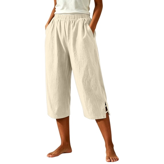 SHTXOZHI Womens Basic Capri Pants Elastic Waisted Straight Leg Ruched Capris Casual Vacation Bottoms with Pockets