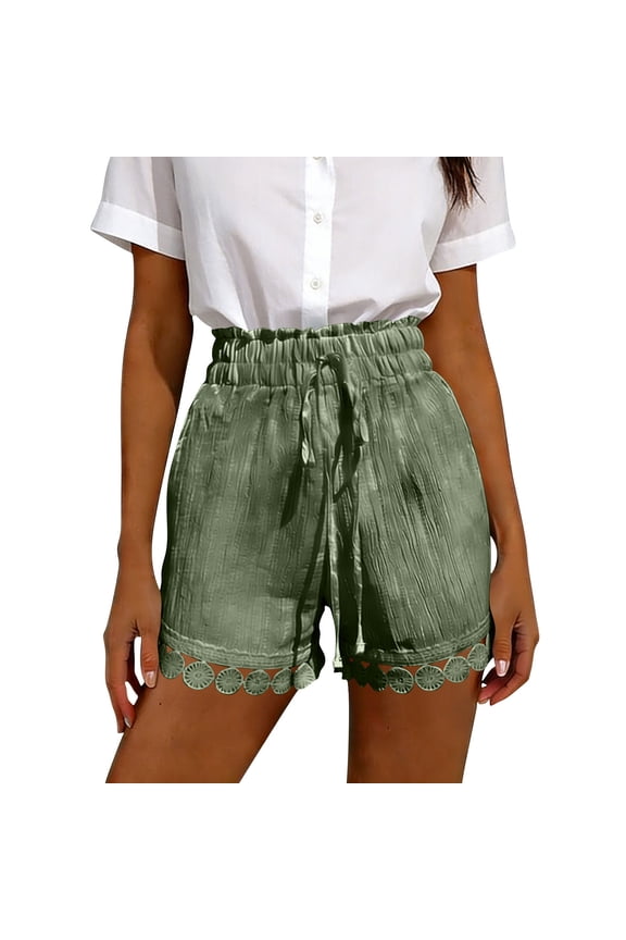 Womens Boho Shorts Drawstring High Waist Elastic Beach Shorts Summer Casual Vacation Seersucker Pants