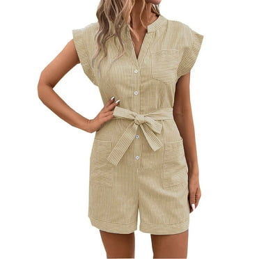 Short Sleeves High Waist Solid Color Rompers