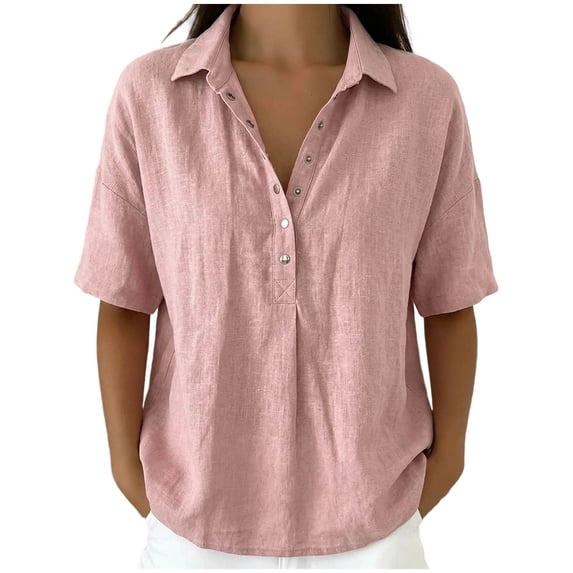 SHTXOZHI Womens Button-Front Linen Blouses Short Sleeve Collared Neck Casual Shirts Business Work Plus Size Tops
