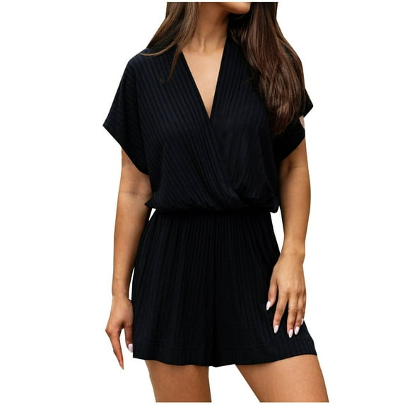 SHTXOZHI Womens Casual Short Sleeve V Neck Romper Wide Leg Solid Color Short Jumpsuits Beach Vacation Outfit