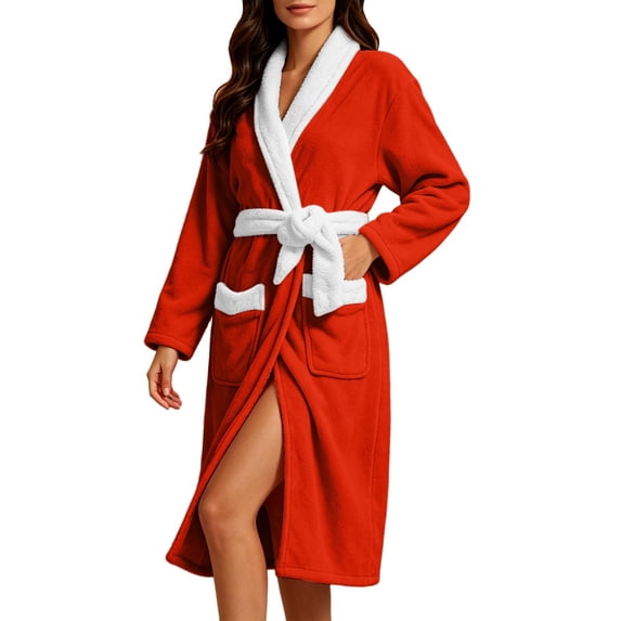 SHTXOZHI Womens Color Blocked Robe Long Bathrobe Winter Warm Party Sleepwear Soft Loungewear With Pockets and Belt