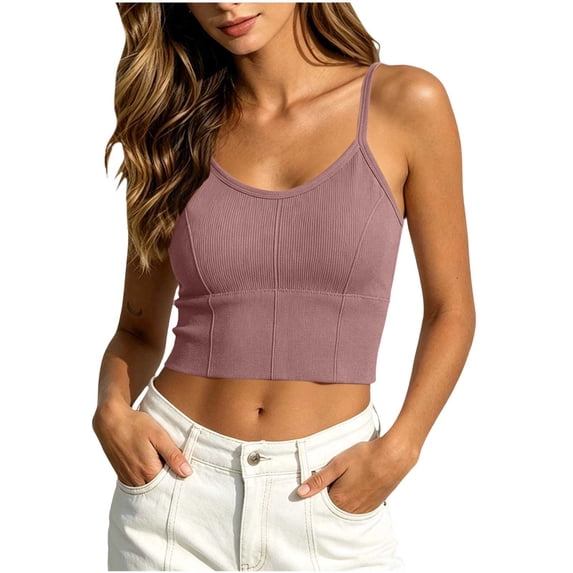 SHTXOZHI Womens Cropped Tank Tops Scoop Neck Ribbed Fitted Tees Spaghetti Strap Casual Basic Shirts with Built in Bra
