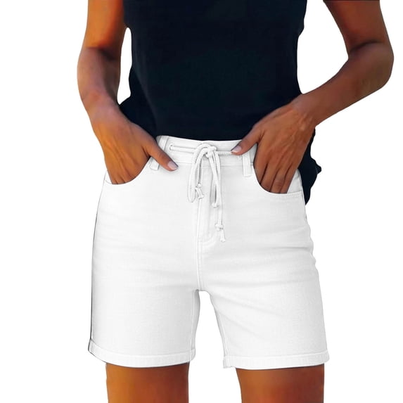 SHTXOZHI Womens Denim Shorts High Waisted Drawstring Elastic Pants Casual Work Vacation Jean Shorts with Pockets