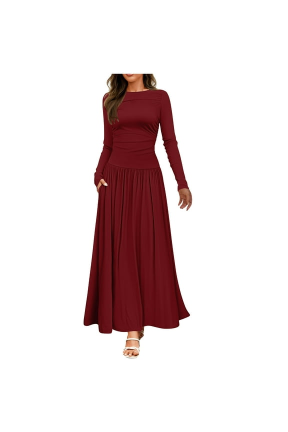 Womens Fall Maxi Dress Long Sleeve Crewneck A-Line Ruffle Party Dresses with Pockets