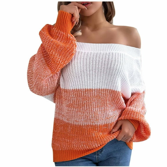 SHTXOZHI Womens Fall Off The Shoulder Sweaters Long Sleeve Color Block Knit Winter Pullover Tops