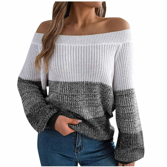 SHTXOZHI Womens Fall Off The Shoulder Sweaters Long Sleeve Color Block Knit Winter Pullover Tops