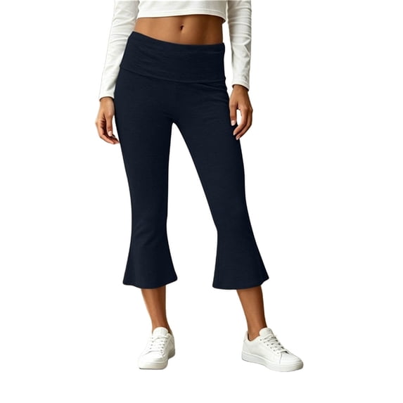 SHTXOZHI Womens Fold Over Flared Capri Pants Elastic Waist Flowy Yoga Capris Casual Workout Athletic Bottoms